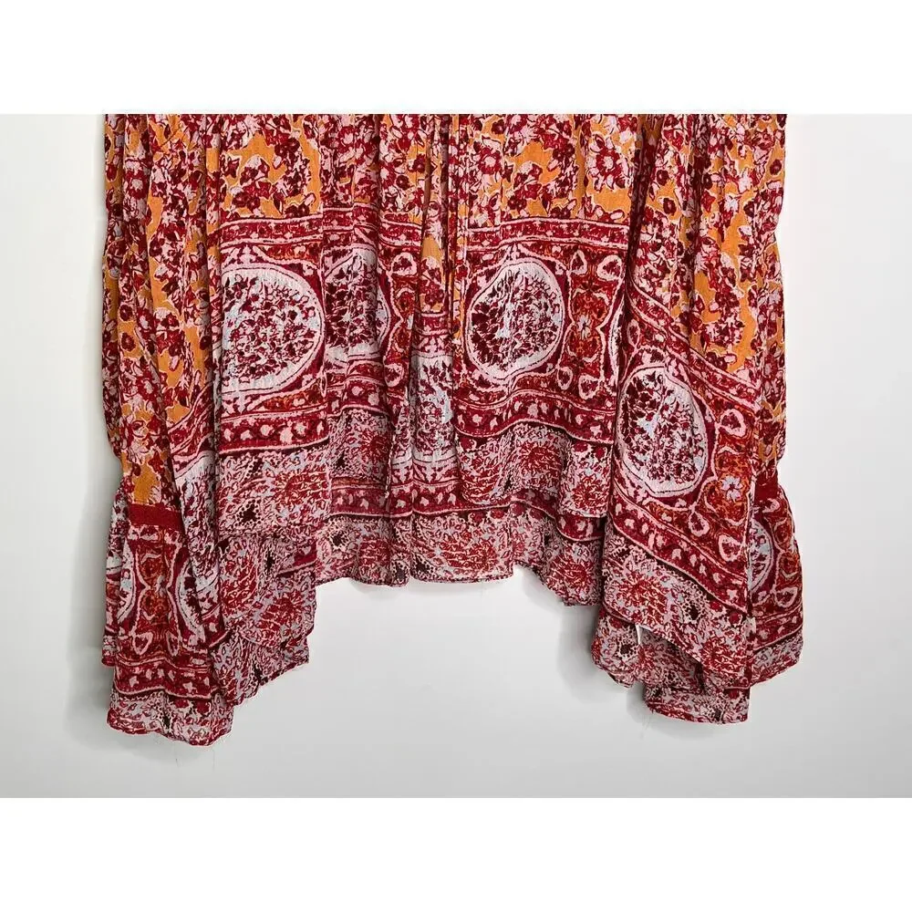 Free People Lorraine Tiered Tie Front Kimono Blouse Top Red/Yellow Womens Size M